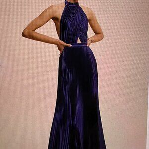 L'IDEE Renaisance Pleated Satin Crossover Halter Deep Purple Gown - Size 8